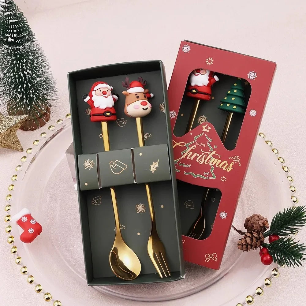 2PCS Stainless Steel Coffee Spoon Creative Christmas Dessert Spoon Cake Fork Cartoon Elk Spoon Fork Gift Box