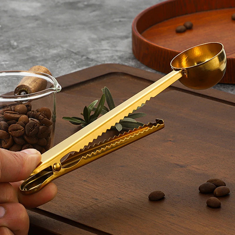 Two-in-one stainless steel coffee bean measuring spoon multi-functional food sealing clip food bag sealing clip baking gadget