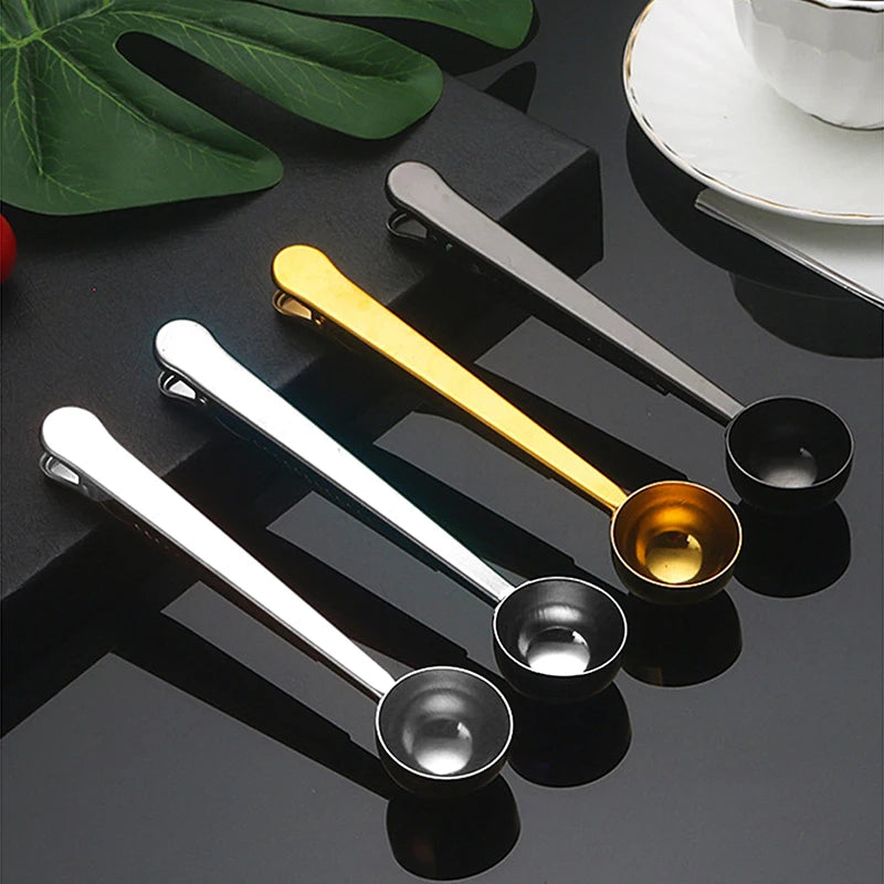 Two-in-one stainless steel coffee bean measuring spoon multi-functional food sealing clip food bag sealing clip baking gadget