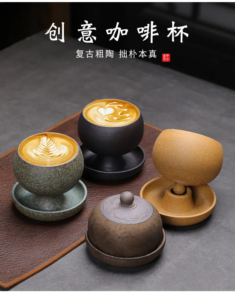 150ml Crude Pottery Latte Art Coffee Mug With Plate Milk Cup Afternoon Tea Mug Cup Saucer Kit Office Water Cup Teaset Collection