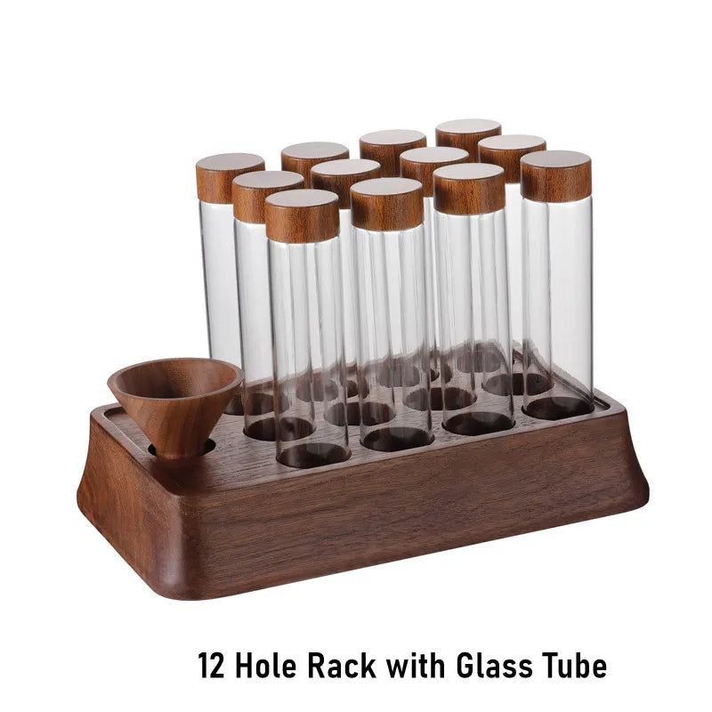 12 Hole Coffee Beans Storage Container Tube with Wood Funnel Display Rack Glass Bottle Single Dose Coffee Accessories Coffeware