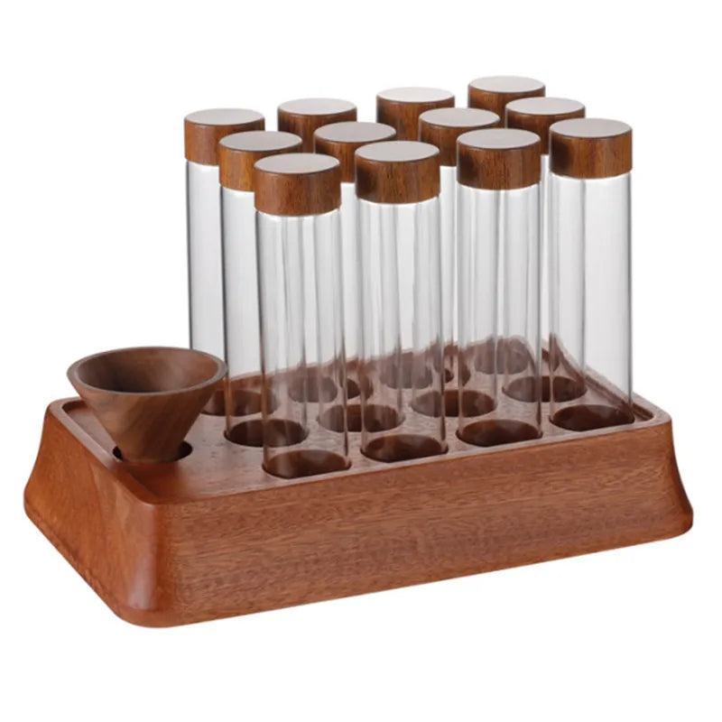 12 Hole Coffee Beans Storage Container Tube with Wood Funnel Display Rack Glass Bottle Single Dose Coffee Accessories Coffeware