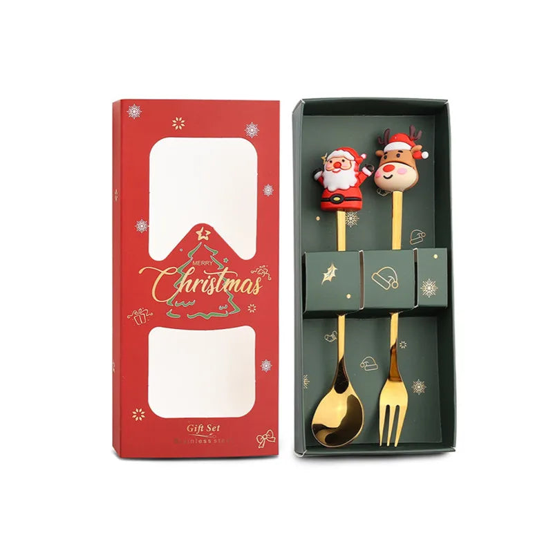2PCS Stainless Steel Coffee Spoon Creative Christmas Dessert Spoon Cake Fork Cartoon Elk Spoon Fork Gift Box