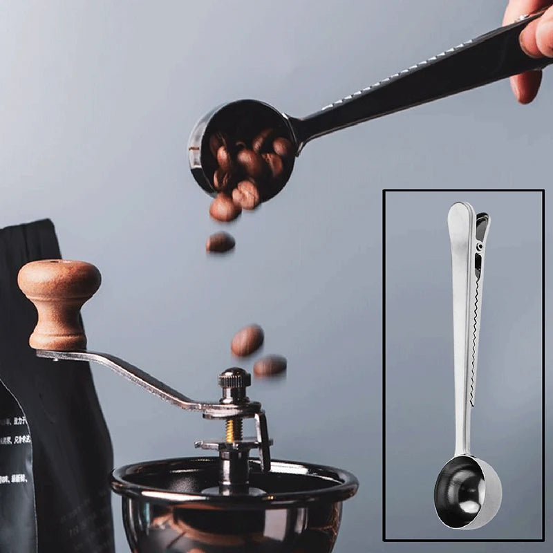 Two-in-one stainless steel coffee bean measuring spoon multi-functional food sealing clip food bag sealing clip baking gadget