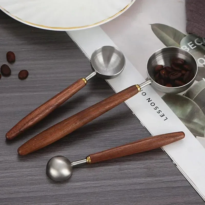 1PC 304 Stainless Steel Walnut Long Handle Coffee Powder Powder Measuring Spoon Kitchen Baking Tools Measuring Spoon Cucharas