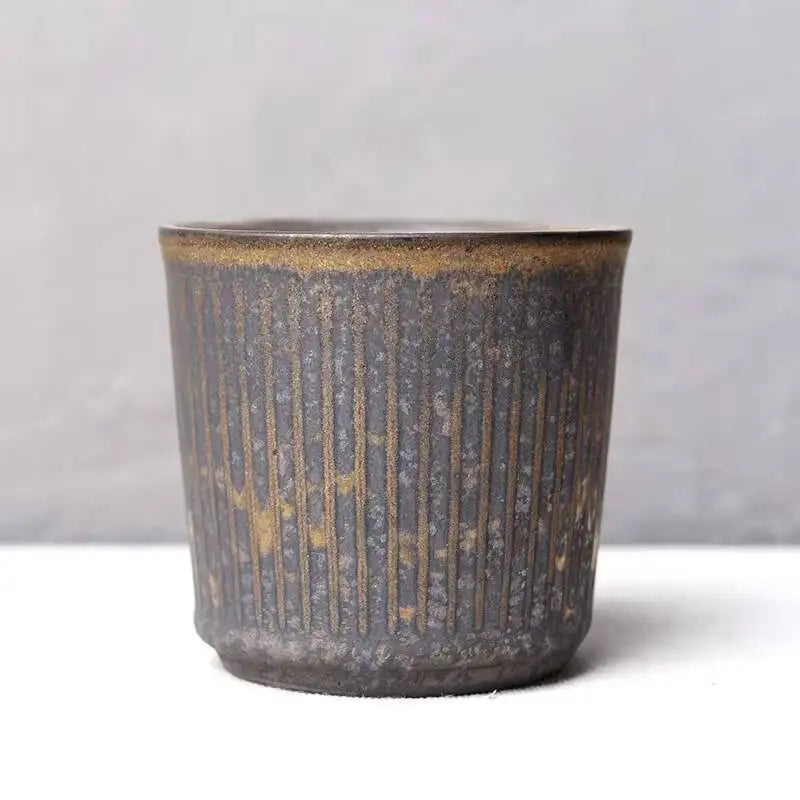 230ml Coarse Pottery Tea Cup Vertical Stripes Teaware Handmade Retro Water Japanese Handheld Office Ceramic Coffee Milk Cups