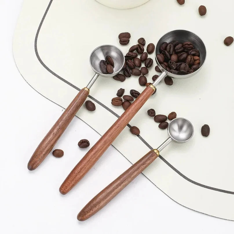 25ml Wooden Handle Stainless Steel Coffee Scoop Tablespoon Measuring Spoon Walnut Wood Long Handle Coffee Spoons Cafe Decoration