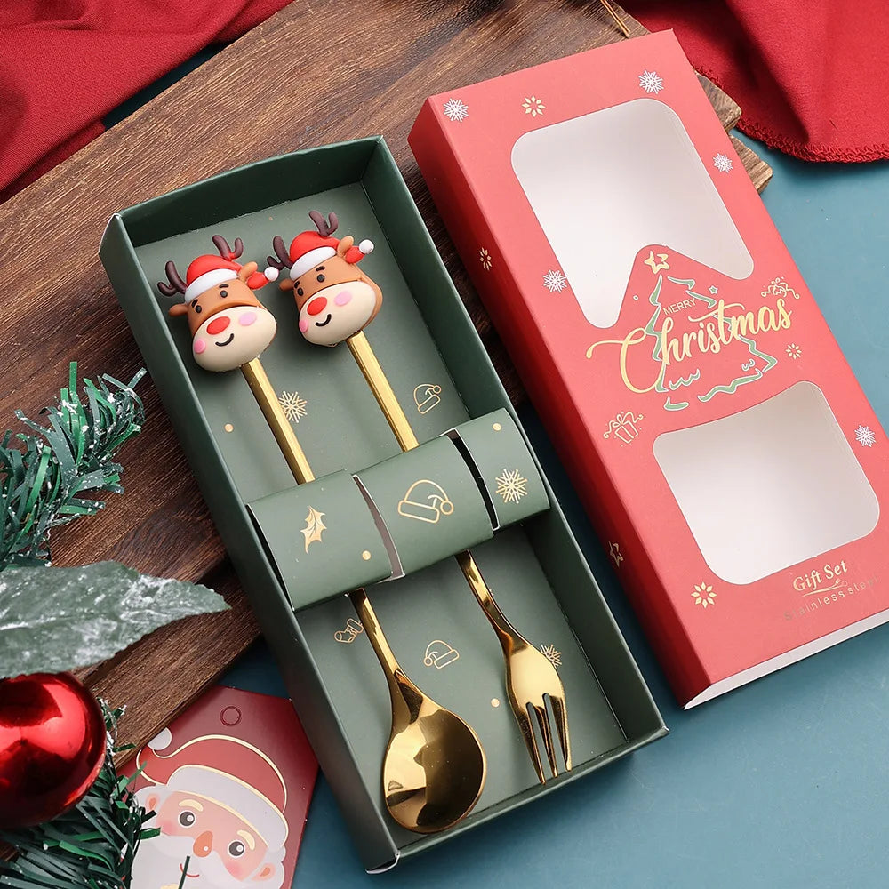 2PCS Stainless Steel Coffee Spoon Creative Christmas Dessert Spoon Cake Fork Cartoon Elk Spoon Fork Gift Box