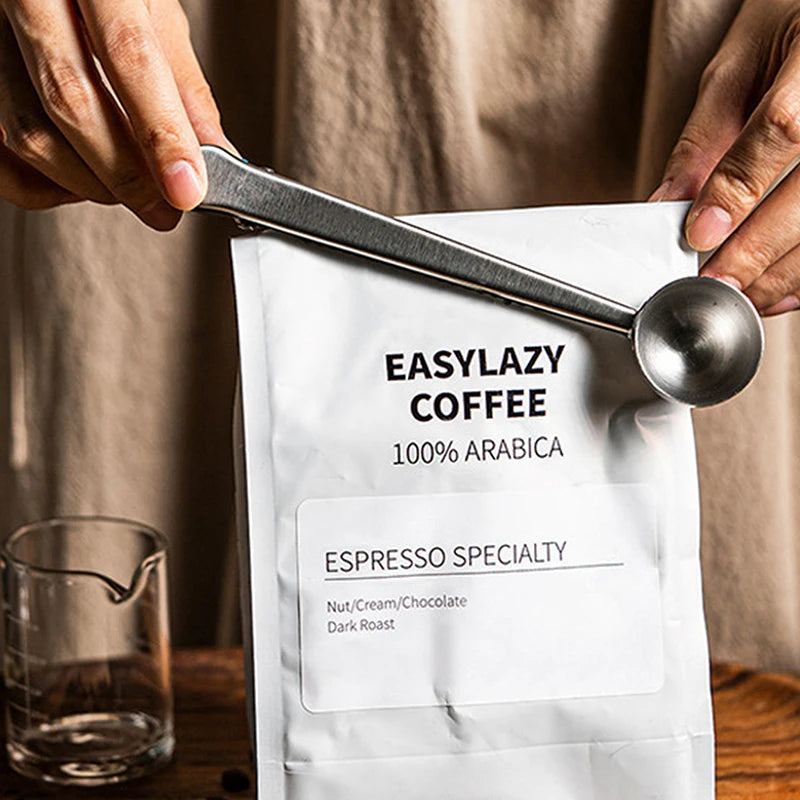 Two-in-one stainless steel coffee bean measuring spoon multi-functional food sealing clip food bag sealing clip baking gadget