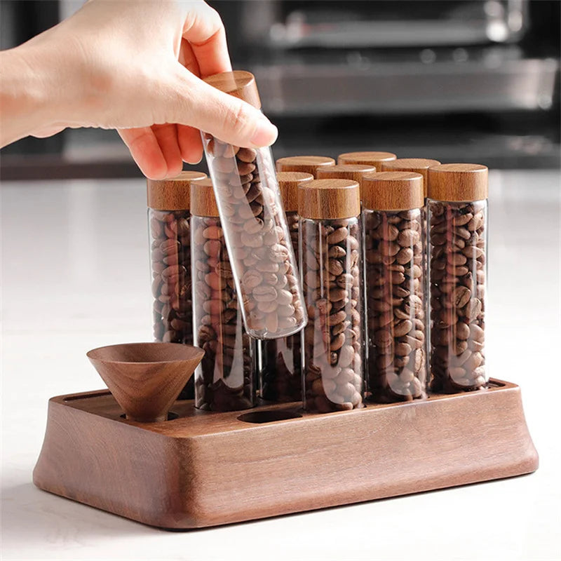12 Hole Coffee Beans Storage Container Tube with Wood Funnel Display Rack Glass Bottle Single Dose Coffee Accessories Coffeware