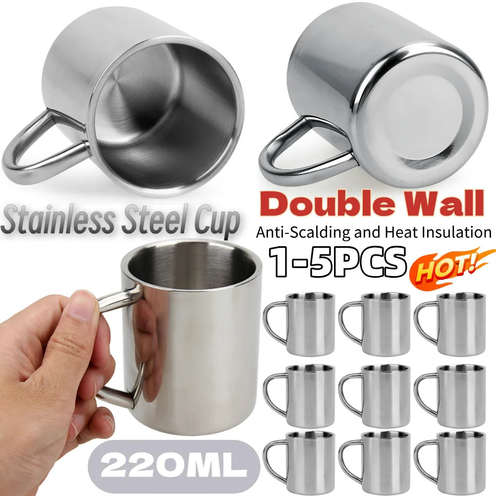 1-5PCS 220ML Stainless Steel Mug Coffee Cup Double Wall Stainless Steel Anti-Heat Aniti-Scalding Cup Outdoor Metal Drinking Cup