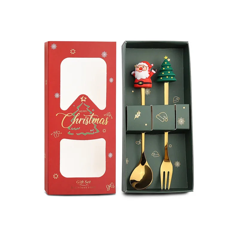 2PCS Stainless Steel Coffee Spoon Creative Christmas Dessert Spoon Cake Fork Cartoon Elk Spoon Fork Gift Box