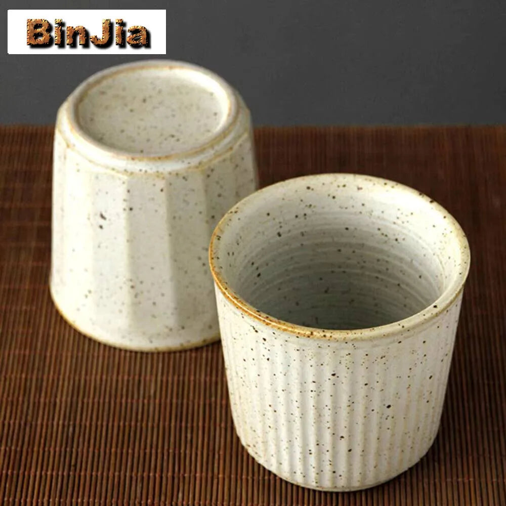 230ml Coarse Pottery Tea Cup Vertical Stripes Teaware Handmade Retro Water Japanese Handheld Office Ceramic Coffee Milk Cups